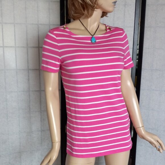 MICHAEL Michael Kors Boat Neck Pink/White Striped Top with Gold Zipper Sleeves S - Picture 3 of 9